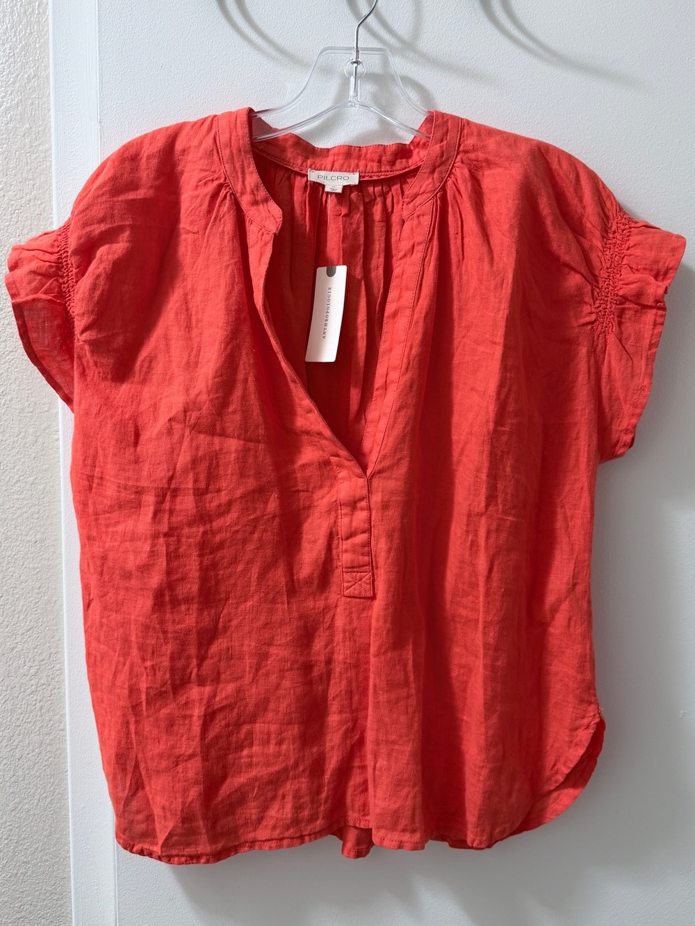 Pilcro Red-Orange Split-Neck Linen Short Sleeve Top